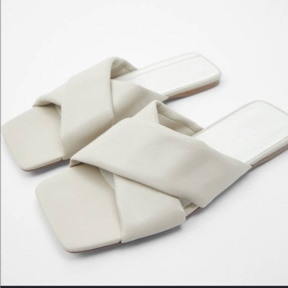 Zara Shoes - Zara women’s Zara Flat Leather padded Sandals off white size us 8.5 (39)